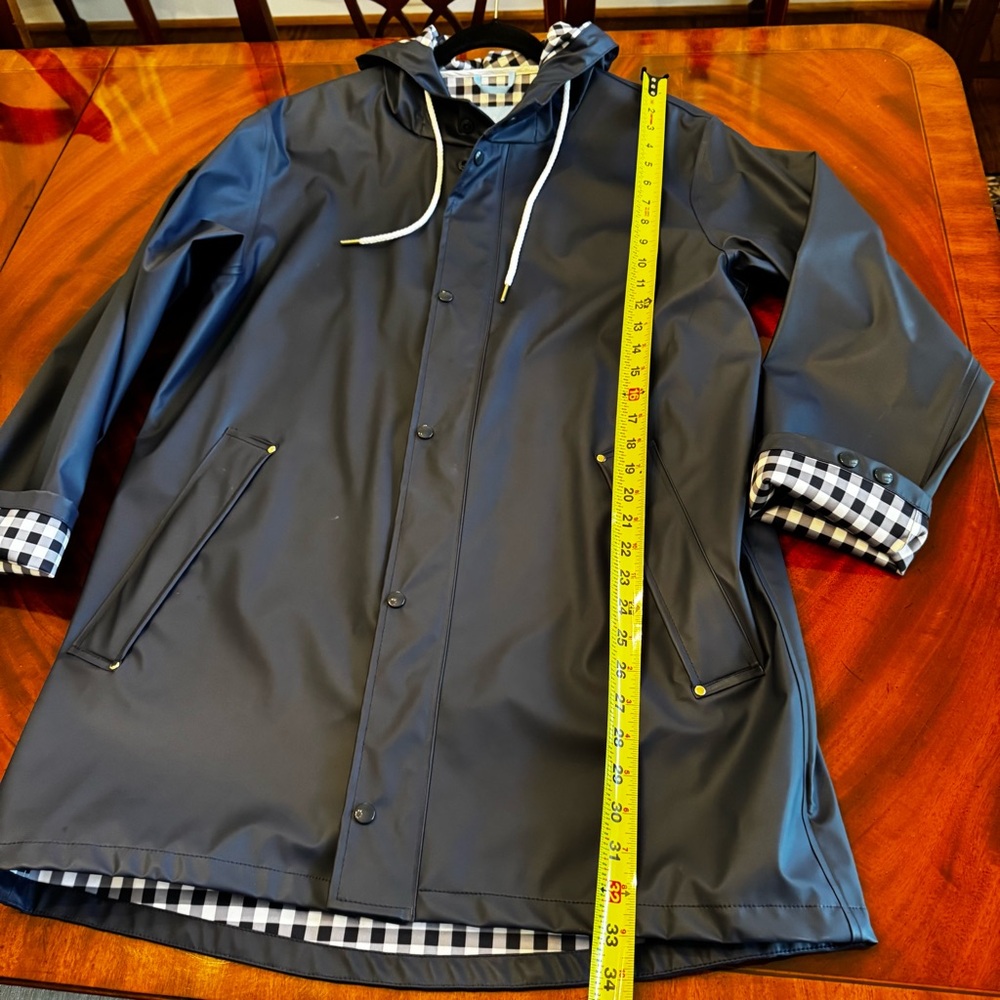 NWT Draper James Raincheck Waterproof Hooded Rain Jacket Navy Gingham M - Picture 11 of 13